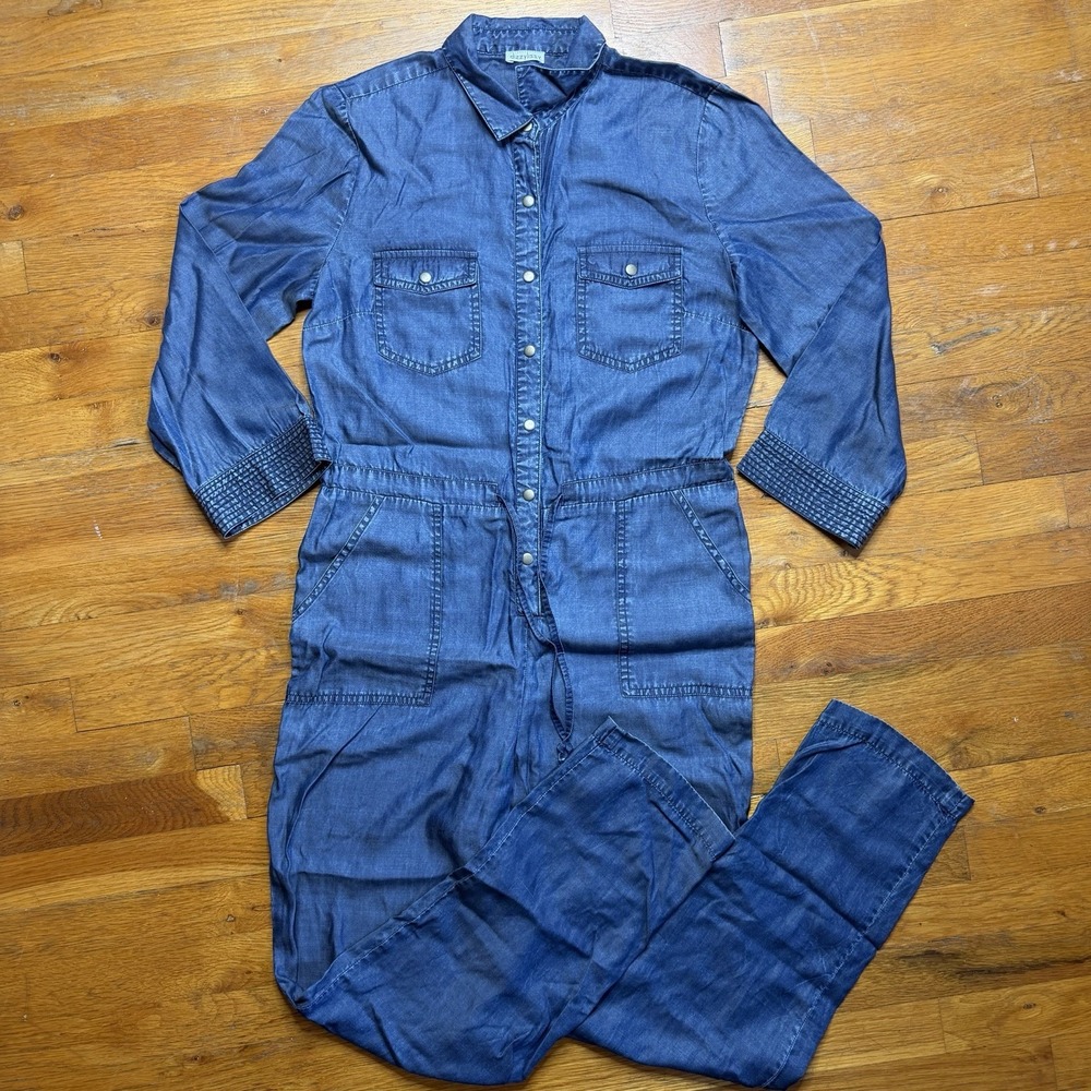 Dizzy Lizzie‎ Denim Chambray Jumpsuit Women M Blue Button Closure Elastic Waist